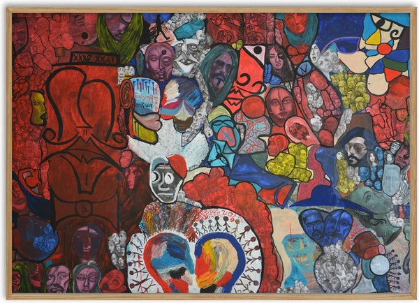 RED ROOM by Ali Kasap - hundreds of overlapping faces and figures in red, blue and yellow