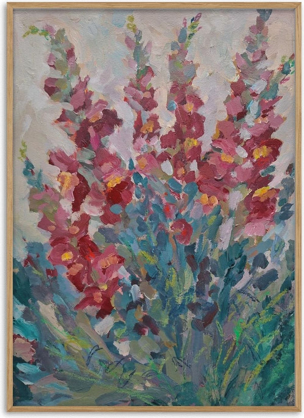 Red Snapdragon Flowers by DNF - red and pink snapdragon spires against a pale grey sky