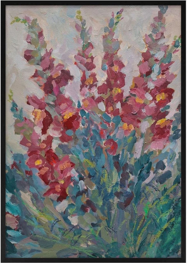 Red Snapdragon Flowers by DNF - red and pink snapdragon spires against a pale grey sky