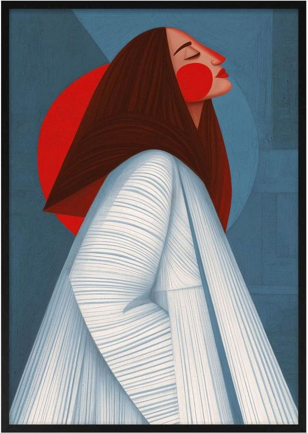 Abstract portrait of a woman in white with long brown hair, red cheeks, and a red sun behind her on a blue background.