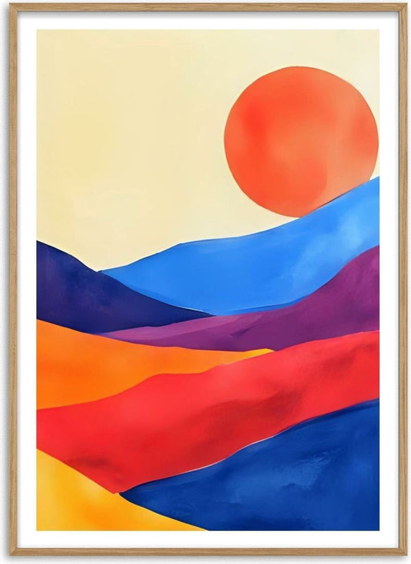 Red sun over colourful hills by Ohkimiko - a red sun over flat ridges of blue, purple and orange