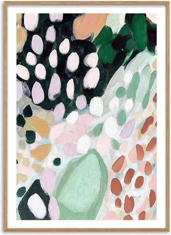 Abstract painting with soft green, pink, cream, and black shapes inspired by a rose garden.