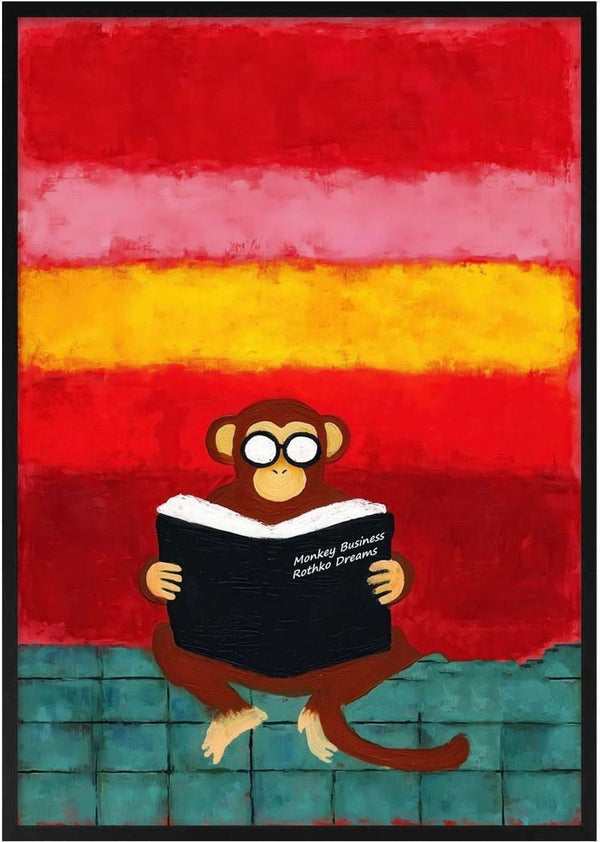 A cartoon monkey reads "Monkey Business Rothko Dreams" against a colorful, abstract red and yellow background.