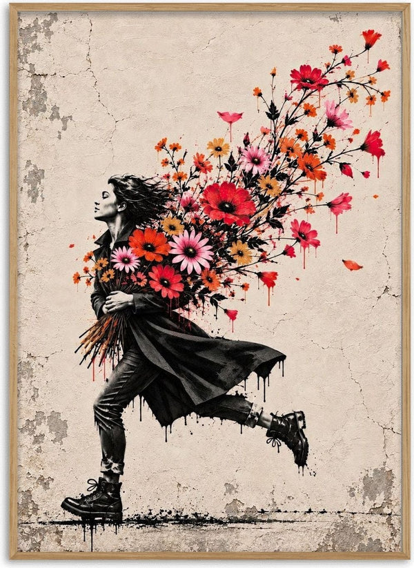 Running with Spring by Matthews Gallerie - a stencilled woman running with a trail of red, orange and pink flowers