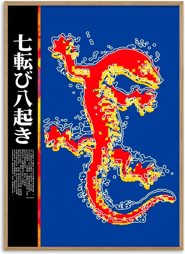 Salamander by Francisco Gualter - red salamander on blue with Japanese proverb