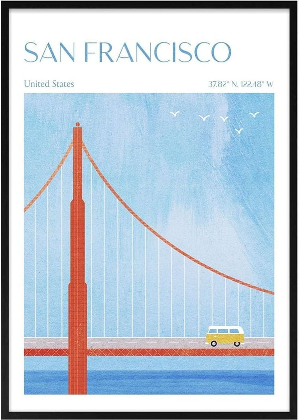Illustration of the Golden Gate Bridge with a yellow van, titled "San Francisco" by Henry Rivers.
