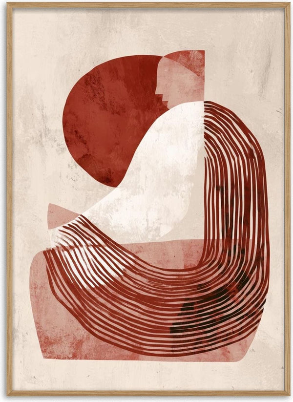 Abstract illustration of Santa's Helper in white and red tones, sitting with a curved hat on a beige background.