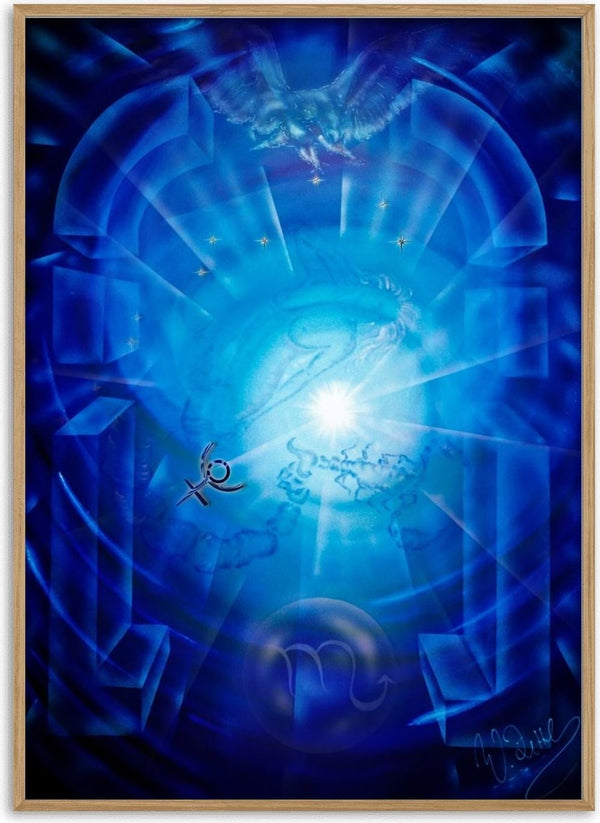 Scorpio zodiac sign by Walter Zettl - white burst of light in a deep blue vault with an eagle and the sign of Scorpio