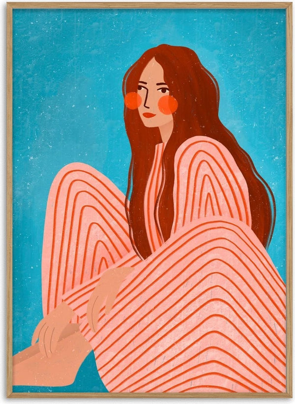 Serene Striped Woman by Bea Müller – red-haired woman in pink striped outfit on turquoise