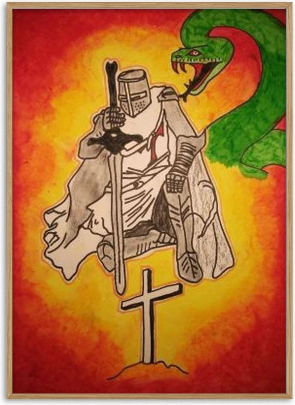 Sieg im Licht by Olaf Baier - a kneeling knight with a sword, a green serpent and a white cross