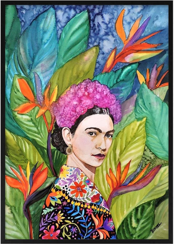 Colorful portrait of a woman with flowers in her hair, surrounded by lush tropical leaves and vibrant blossoms.