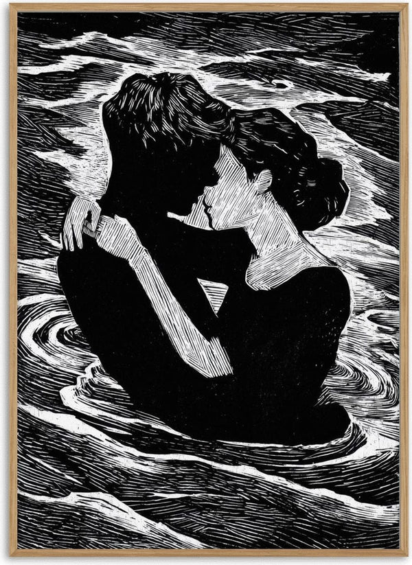 Black and white illustration of a couple embracing in water, featured on Silhuet Lovers by Martin Zen.