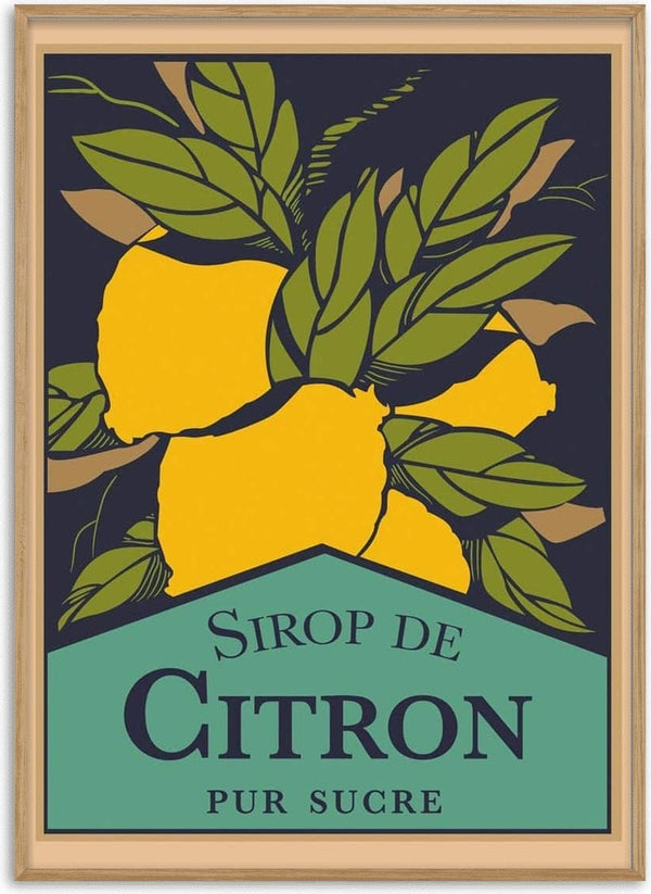 Vintage-style Sirop De Citron Plakat label with bright yellow lemons and green leaves.
