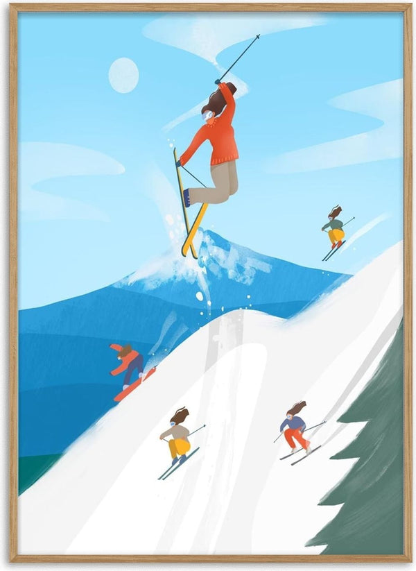 Illustration of girls skiing on a snowy mountain, with one girl jumping high in mid-air under a bright blue sky.