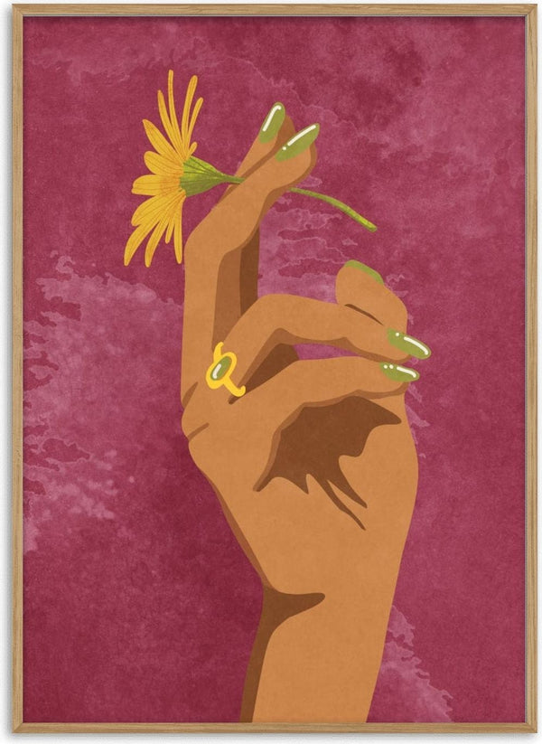 Illustration of a hand with green nails holding a yellow flower, set against a textured mauve background.