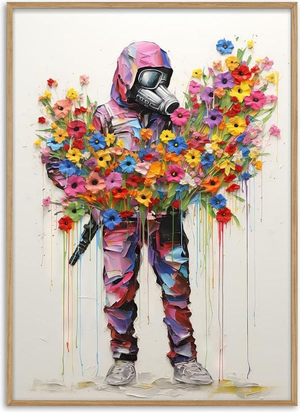 A soldier in a gas mask holds vibrant, colorful flowers; inspired by Banksy.