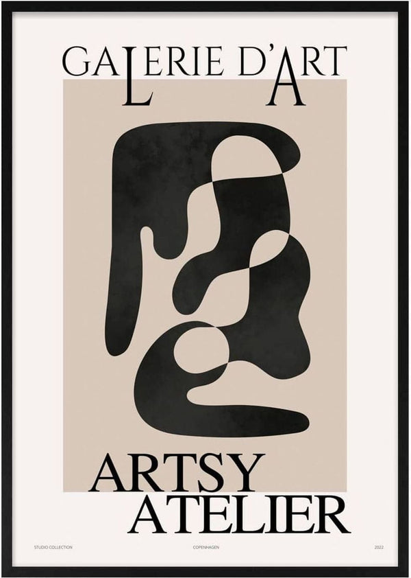 Abstract black shapes on a beige background, with "GALERIE D'ART" and "ARTSY ATELIER" text above and below.