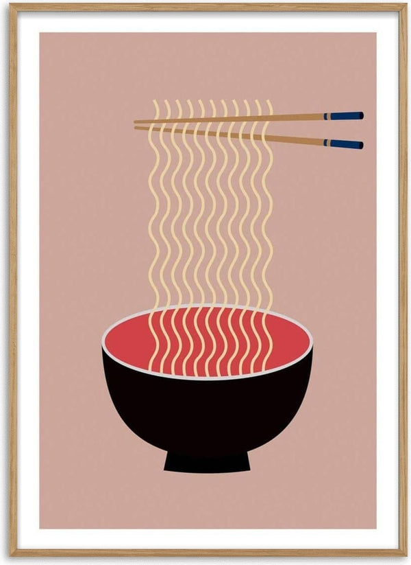 Minimalist illustration of a black bowl with ramen noodles lifted by chopsticks, featured on a poster.