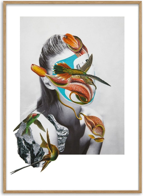 Spring landscape by Rocio Montoya - black-and-white portrait collaged with orange flowers and hummingbirds