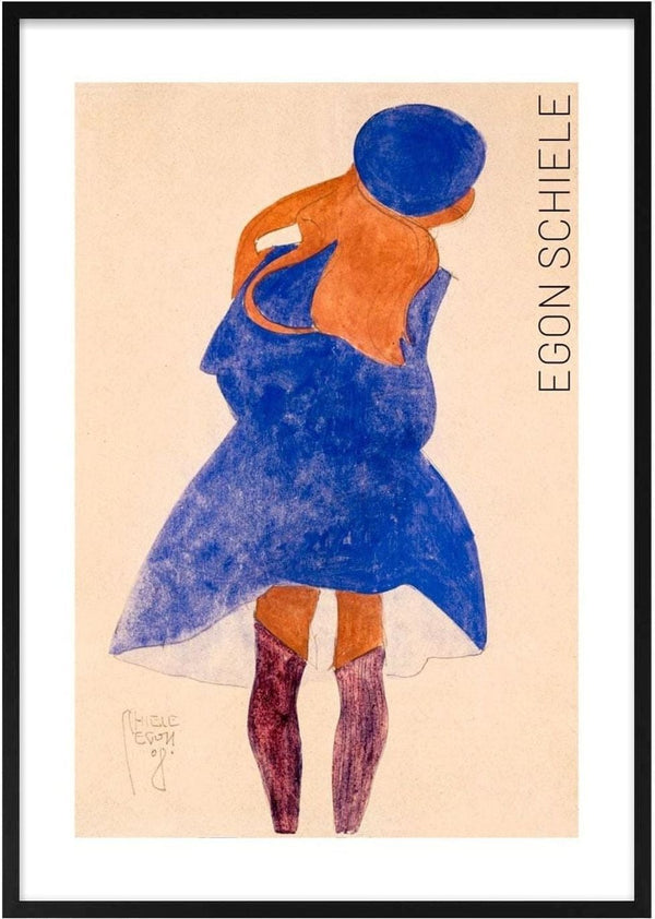 Art print of Egon Schiele’s "Standing Girl, Back View" (1908), featuring a girl in a blue dress and hat.