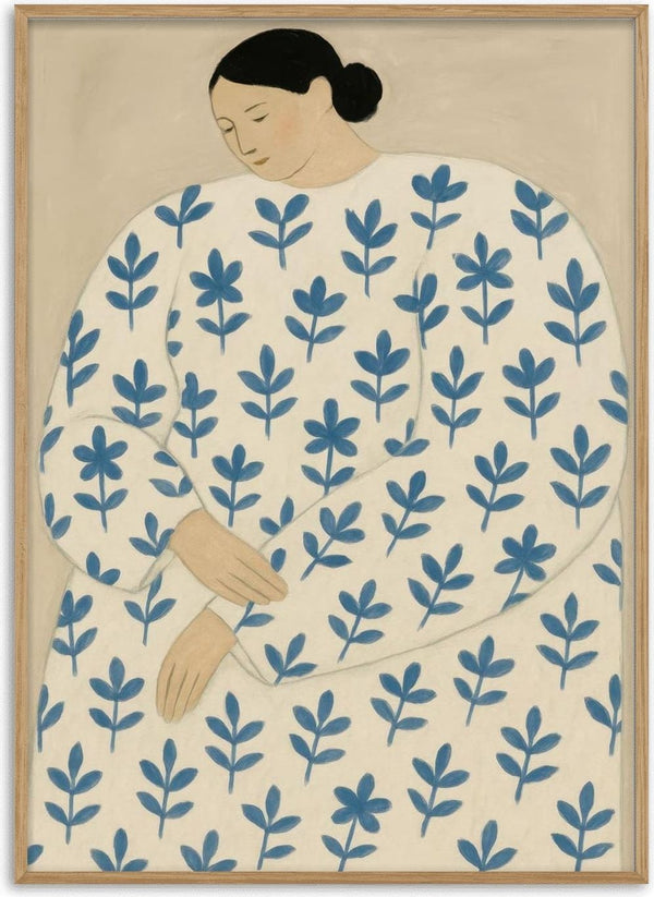 Art print of a woman in a white dress with blue leaf patterns, from Status Quo by Martina Karlsson.