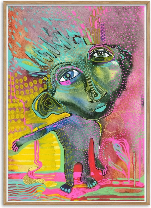 Strange Wanderer by Lena Galé - a green creature on a bright magenta, yellow and turquoise ground
