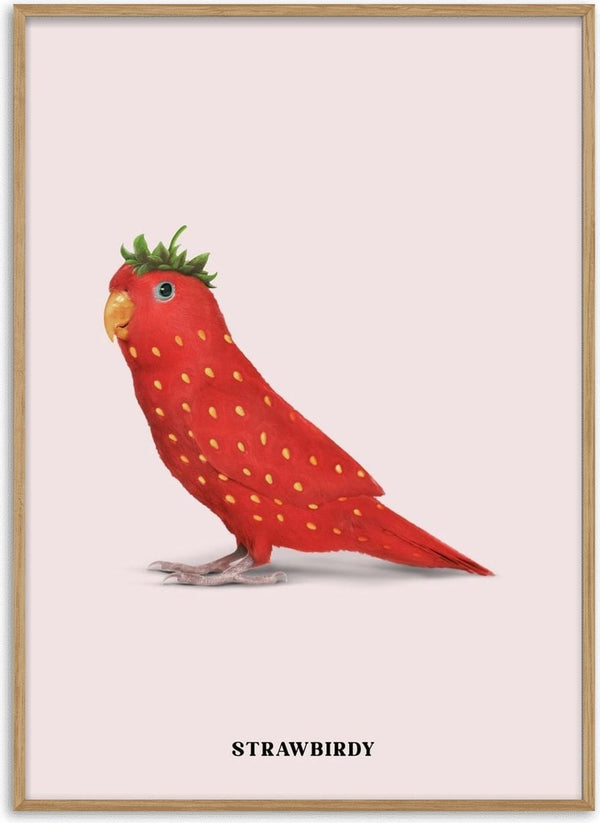Strawbirdy by Jonas Loose - a parrot with the scarlet seeded skin of a strawberry on pale pink