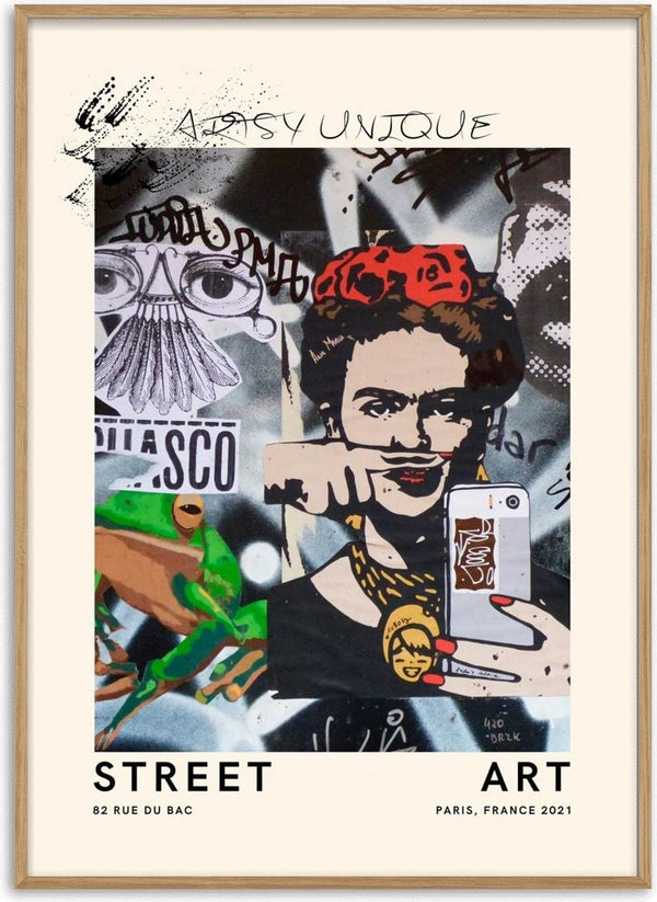 Colorful street art collage featuring a woman with flowers in her hair, holding a phone; frog and graffiti details.
