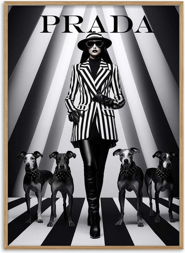Model in a black and white striped suit with four dogs, promoting Stripes by Prada on a bold striped background.