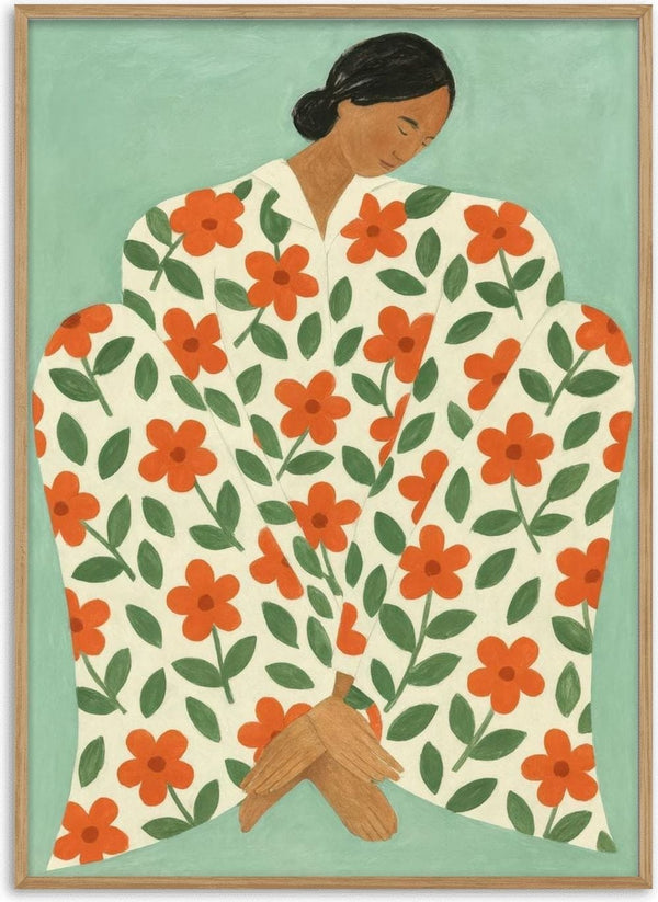 Illustration of a woman in a floral robe with red flowers and green leaves, sitting peacefully.