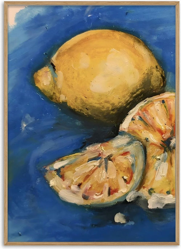 Summer by Christin - a whole lemon and cut slices on a deep blue ground