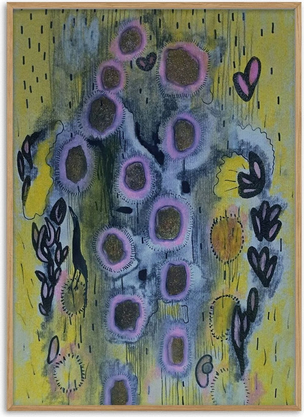 Summer rain by Alice Ruja - pink-rimmed golden drops, black leaves and hearts over yellow and violet washes