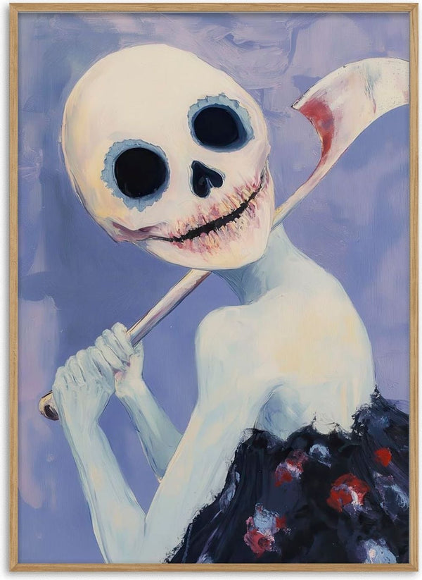 Surreal artwork for Sun Dima - Martin Zen showing a skeletal figure holding a blood-stained scythe against a purple background.