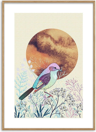Sunrise bird and flowers poster