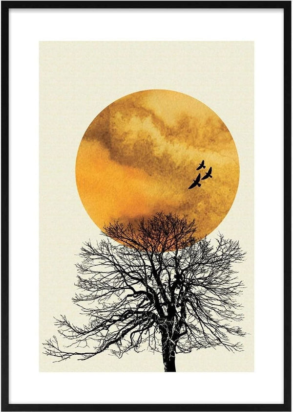 Minimalist poster featuring a leafless tree and birds flying in front of a large orange sunrise.