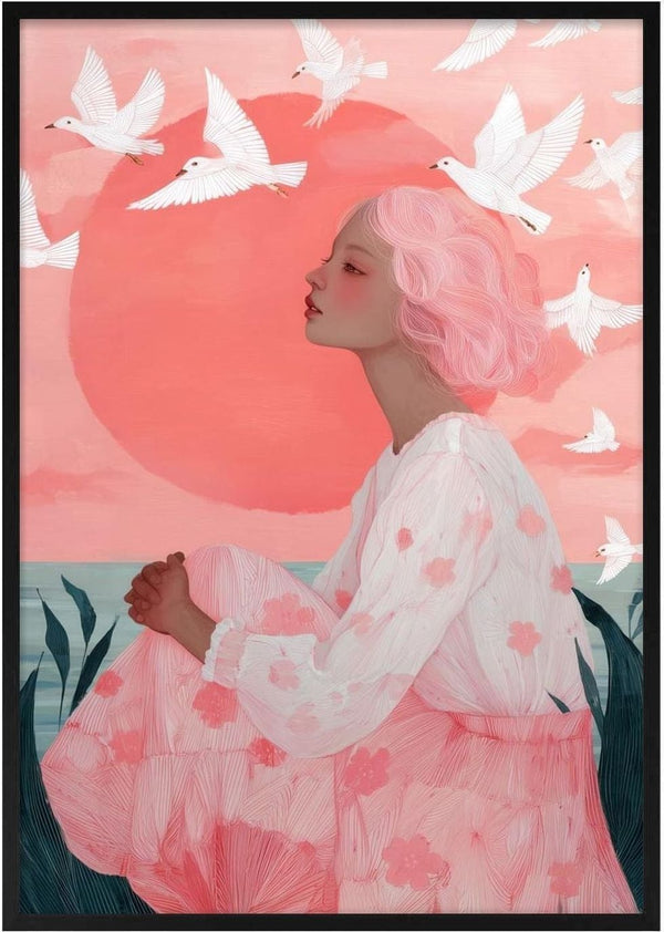 A woman with pink hair sits by the water at sunrise as white birds fly across a coral sky. Artwork by Martina Karlsson.