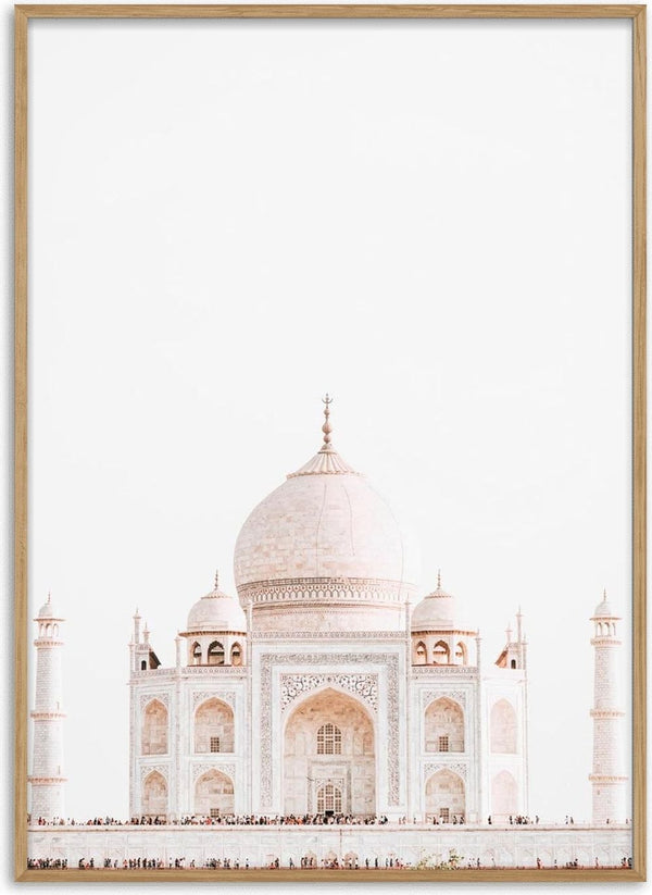 Minimalist poster of the Taj Mahal with a white background and the iconic marble dome centered.