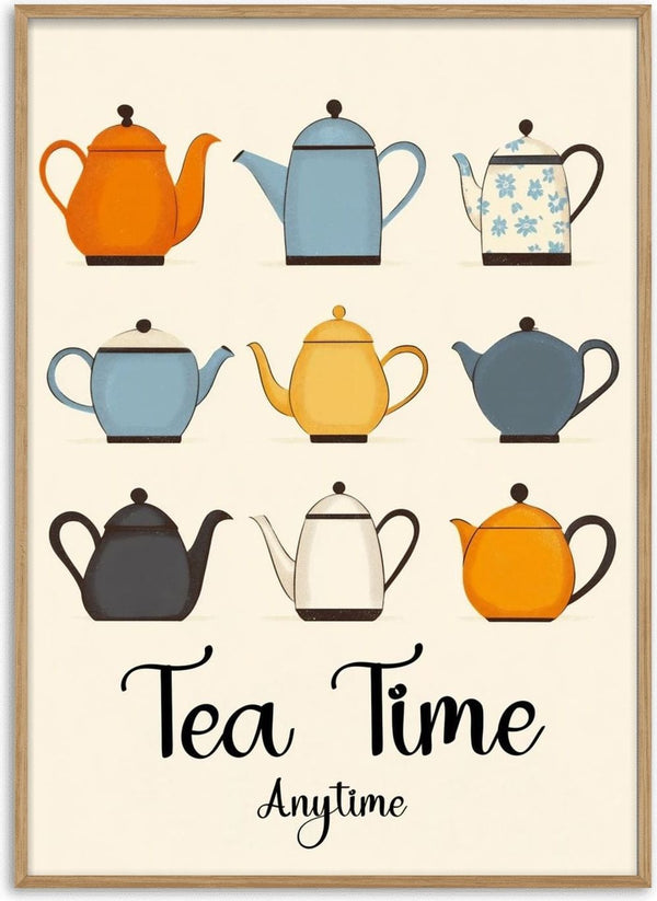 Tea Time Anytime by Annika Persson - nine colourful teapots in rows above hand-lettered type