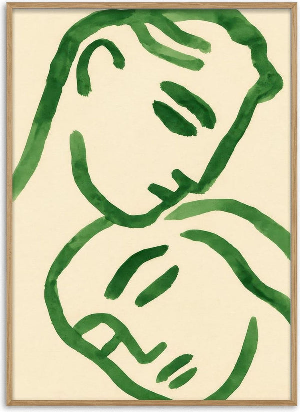 Abstract green line art of two faces gently touching, evoking warmth and closeness for Tender Embrace.