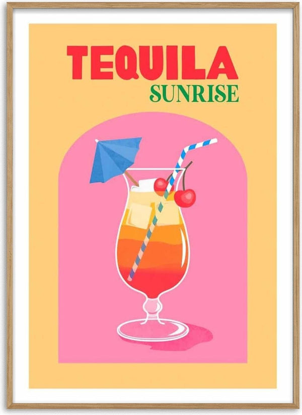 Illustration of a Tequila Sunrise cocktail with cherries, umbrella, and straw on a pink background.