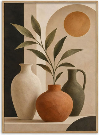 Terracotta Vase and Greenery Art Print – Earth Tone Still Life with Abstract Sunlight, Modern Botanical Wall Art - TimlessArtworks