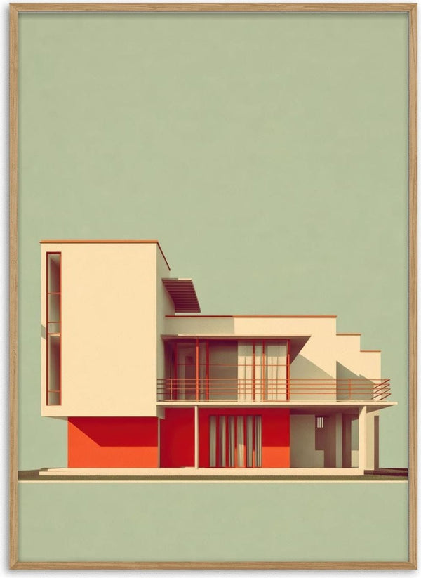 Minimalist modern house illustration with red and beige accents, cover art for The Beach by David Wolf.
