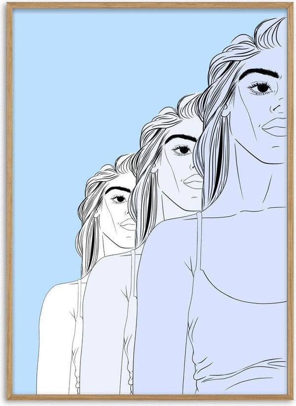 The Blues poster by Lisen Vennesland with three repeated line art portraits of a woman in blue tones
