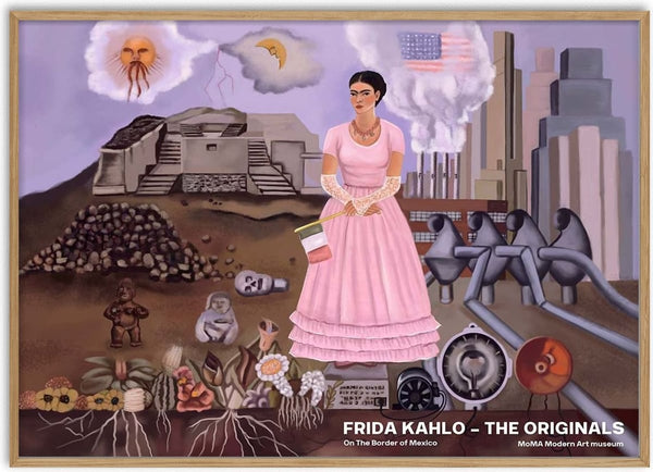 Frida Kahlo stands in a pink dress between ancient ruins and factories with symbolic plants and smoke-filled skies.