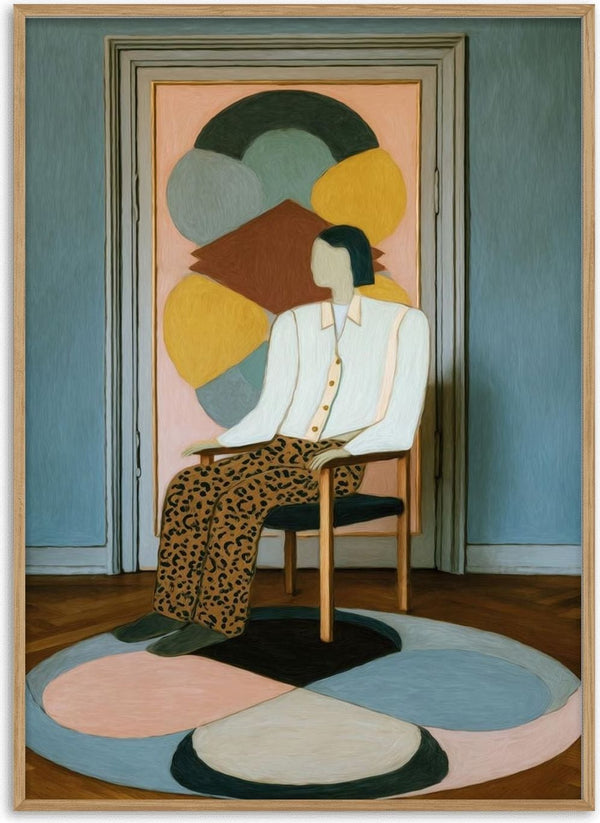 Abstract art of a figure sitting on The Chair by David Wolf, with geometric patterns in the background.