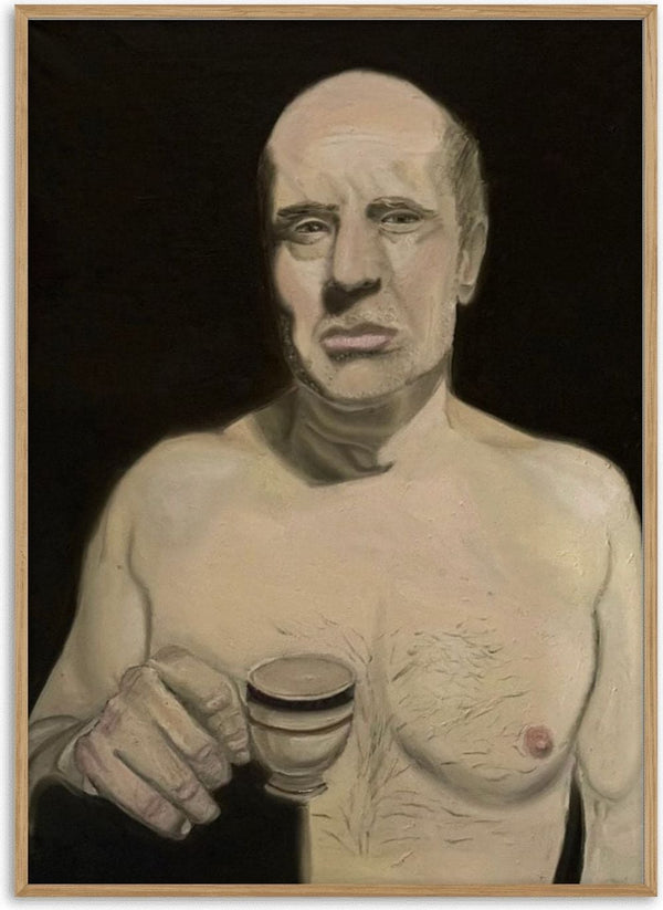 The danger of living by Enrico - a bare-chested man holding a small white cup against black