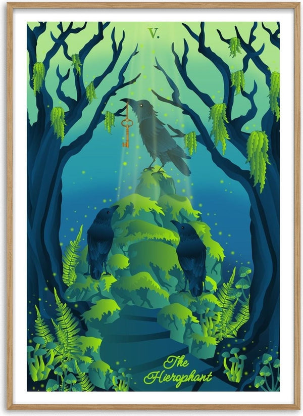 The Hierophant by Sciurus tarotus - a raven with a golden key on a mossy mound in a blue-green forest