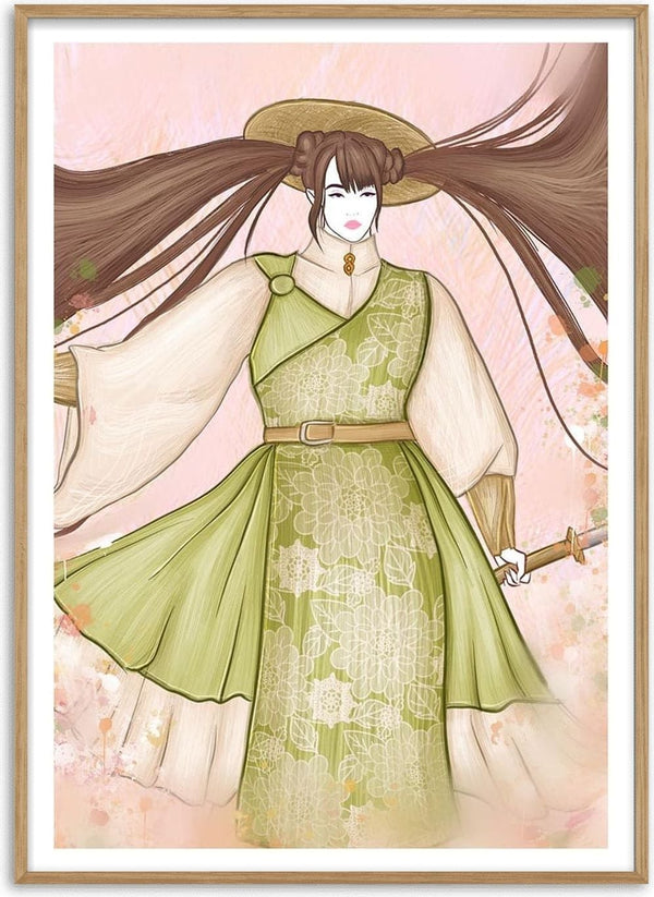 Illustration of Kate Aitana in a green kimono with long hair, holding a sword; floral background.