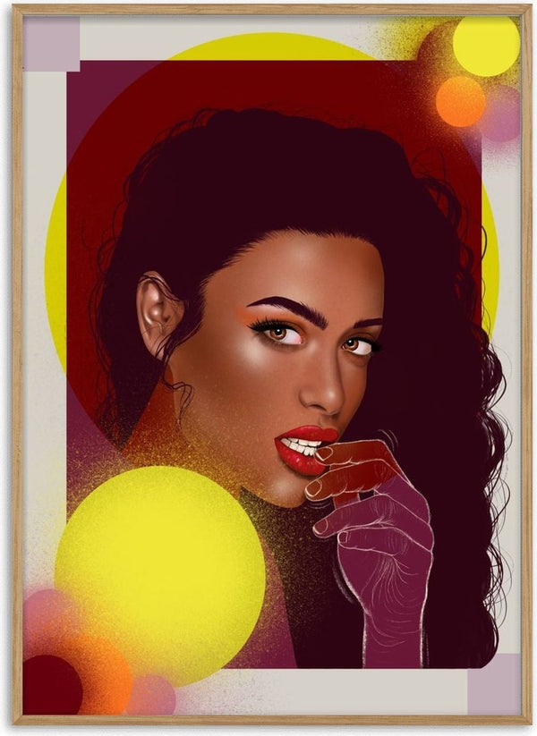 The Light is Coming by Sabrina Rosenblatt - a woman with dark red curls on a deep red panel with floating circles