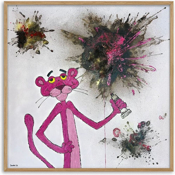 The Naughty Pink Panther by Laura Notari - Pink Panther holding a spray can among black and pink paint splatters